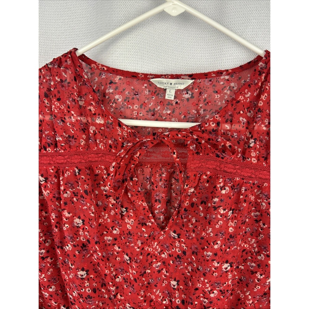 Lucky Brand Top L Red Lace Trim Floral Boho Blouse Bell Sleeve Romantic Fairy - Picture 3 of 7